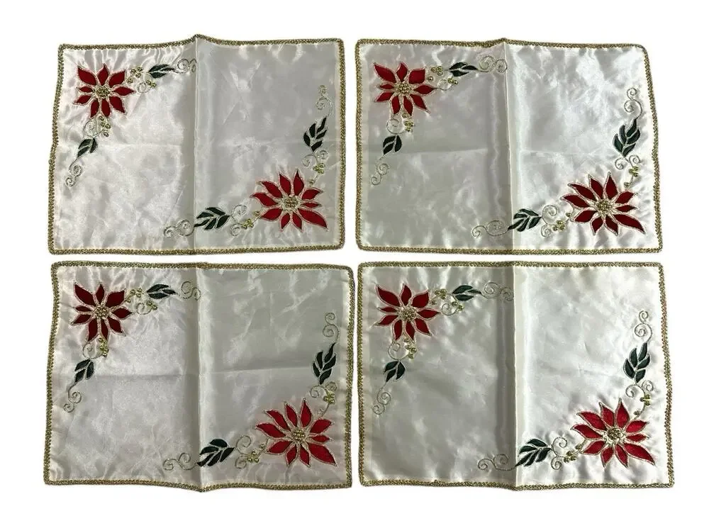 Set of 4 Christmas Poinsettia Placemats White Green Gold Embroidered Holiday